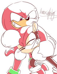 Size: 1280x1656 | Tagged: safe, artist:alomaire, knuckles the echidna, mighty the armadillo, blushing, duo, eyes closed, gay, knuxighty, looking at them, noogie, ship name, shipping, signature, simple background, smile, standing, white background