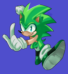 Size: 1200x1300 | Tagged: safe, artist:doubleboostz, scourge the hedgehog, 2020, clenched fist, looking at viewer, mid-air, pointing, posing, purple background, simple background, smile, solo