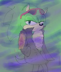 Size: 425x507 | Tagged: safe, artist:dog-it-dude, scourge the hedgehog, 2012, abstract background, frown, hand in pocket, lidded eyes, looking at viewer, solo, standing