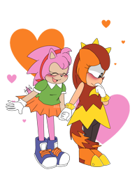 Size: 2250x2864 | Tagged: safe, artist:stardust-kiiro, amy rose, trip the sungazer, sonic superstars, 2024, blushing, classic amy, duo, eyes closed, flat colors, heart, holding hands, lesbian, looking away, shipping, simple background, smile, standing, transparent background, tripamy, wagging tail, watermark