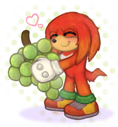 Size: 1400x1500 | Tagged: safe, artist:pupisuwu, knuckles the echidna, 2024, abstract background, blushing, cute, eyes closed, food, grapes, heart, holding something, knucklebetes, smile, solo