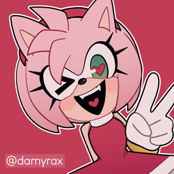 Size: 2500x2500 | Tagged: safe, artist:xdamyrax, amy rose, 2024, amybetes, blushing, cute, heart eyes, heart tongue, looking at viewer, outline, red background, signature, simple background, solo, v sign, wink