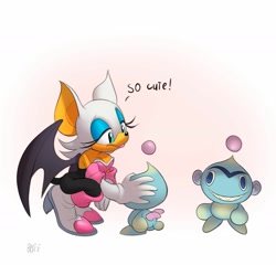 Size: 2000x1922 | Tagged: safe, artist:brdt-e, rouge the bat, chao, sonic adventure 2, gradient background, kneeling, monobrow, neutral chao, petting, rouge's heart top, side view, signature