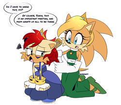 Size: 1680x1461 | Tagged: safe, artist:artsriszi, artist:risziarts, sonia acorn, oc, oc:alicia acorn, chipmunk, hedgehog, 25/30 years later, au:sonic world travel, blue power pattern, dress, earring, no power pattern, sisters, tiara, transparent background