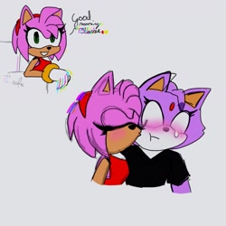 Size: 1080x1080 | Tagged: safe, artist:blaze-the-cat2006, amy rose, blaze the cat, 2024, amy x blaze, blushing, dialogue, duo, english text, eyes closed, grey background, kiss on cheek, lesbian, pijamas, shipping, signature, simple background, surprise kiss, surprised, sweatdrop, wide eyes