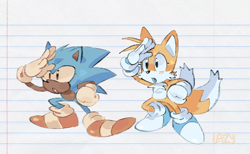 Size: 640x394 | Tagged: safe, artist:lazydayslivin, miles "tails" prower, sonic the hedgehog, :o, abstract background, blue shoes, blue tongue, clenched fist, cute, duo, eyelashes, looking offscreen, mouth open, one fang, signature, sonabetes, standing, tailabetes, top surgery scars, trans male, transgender