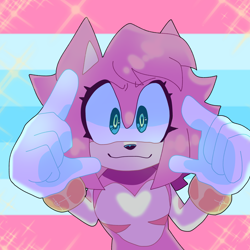 Size: 1640x1640 | Tagged: safe, artist:knizuu, amy rose, alternate version, icon, looking at viewer, pride flag background, smile, solo, sparkles, standing, trans boy amy, trans male, transgender, transmasc pride, transmasculine