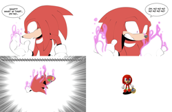 Size: 4000x2602 | Tagged: safe, artist:thenovika, knuckles the echidna, dialogue, edit, english text, meme, speed lines, stitched, stuffed animal, transformation sequence, white background