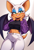 Size: 832x1216 | Tagged: safe, artist:sonfandow, rouge the bat, blushing, clothes, grey background, hands on cheeks, happy, looking at viewer, midriff, purple jacket, simple background, smile, tank top, white pants