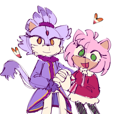 Size: 2048x1826 | Tagged: safe, artist:heartthewebz, amy rose, blaze the cat, amy x blaze, amybetes, blazebetes, cute, duo, heart, holding hands, lesbian, lesbian pride, looking at viewer, mario and sonic at the 2020 olympic games, pride, redraw, shipping, simple background, sketch, smile, standing, white background