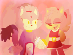 Size: 1080x810 | Tagged: safe, artist:soniccurry, amy rose, blaze the cat, amy x blaze, cute, duo, eyes closed, holding hands, lesbian, looking at them, mouth open, one fang, shipping, smile, standing