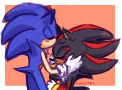 Size: 1280x940 | Tagged: safe, artist:superemeralds, shadow the hedgehog, sonic the hedgehog, blushing, border, cute, duo, eyes closed, gay, hands on another's face, kiss on head, kneeling, red background, shadow x sonic, shadowbetes, shipping, signature, simple background, sketch, sonabetes, standing