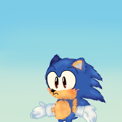 Size: 1280x1280 | Tagged: safe, artist:reilovesstars, sonic the hedgehog, blushing, classic sonic, cute, fluffy, frown, gradient background, looking offscreen, redraw, shrugging, solo, sonabetes, standing