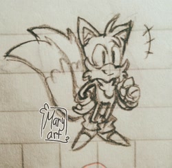 Size: 1536x1493 | Tagged: safe, artist:pretzy, miles "tails" prower, hand on hip, line art, looking offscreen, pencilwork, signature, smile, solo, traditional media