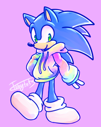 Size: 800x1000 | Tagged: safe, artist:tobytots, sonic the hedgehog, alternate outfit, cute, hoodie, leg up, looking at viewer, purple background, signature, simple background, smile, solo, standing, standing on one leg, v sign