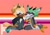 Size: 2000x1405 | Tagged: safe, artist:wackyworkbenchzone, clove the pronghorn, whisper the wolf, blushing, diamond cutters outfit, lesbian pride, pride, sitting, talking, watermark