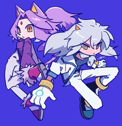 Size: 1980x2048 | Tagged: artist needed, safe, blaze the cat, silver the hedgehog, human, 2024, blue background, duo, humanized, simple background