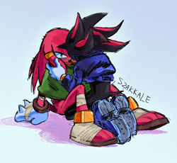 Size: 2048x1883 | Tagged: safe, artist:rapidhighway, knuckles the echidna, shadow the hedgehog, alternate outfit, blushing, clothes, duo, gay, jacket, kneeling, knuxadow, looking at each other, poncho, shipping, signature, simple background, sitting