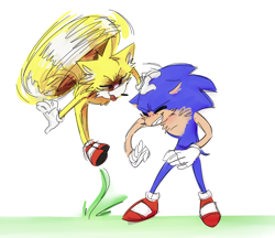 Size: 1154x999 | Tagged: safe, artist:half-a-life-left, miles "tails" prower, sonic the hedgehog, clenched teeth, duo, eyes closed, flying, grass, headpats, petting, simple background, smile, spinning tails, standing, tongue out, white background