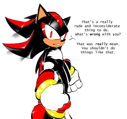 Size: 2048x1927 | Tagged: safe, artist:the-hydroxian-artblog, shadow the hedgehog, clenched fists, dialogue, english text, looking at viewer, reaction image, simple background, solo, standing, talking, talking to viewer, white background