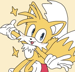 Size: 665x643 | Tagged: safe, artist:cuppylocker, miles "tails" prower, 2024, arms out, cute, flat colors, mouth open, simple background, smile, solo, star (symbol), tailabetes, yellow background