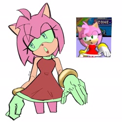 Size: 2048x2048 | Tagged: safe, artist:kiwi_iki, amy rose, 2024, eye clipping through hair, eyebrow clipping through hair, green sclera, lidded eyes, looking away, looking offscreen, mouth open, redraw, reference inset, sassy, signature, simple background, solo, sonic rush, standing, white background