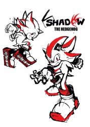 Size: 1193x1671 | Tagged: safe, artist:ace2564, shadow the hedgehog, sonic the hedgehog 3 (film), 2024, character name, frown, line art, looking at viewer, monochrome, posing, redraw, simple background, sketch, solo, white background