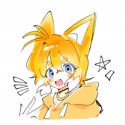 Size: 2048x2048 | Tagged: safe, artist:believe1nmyself, miles "tails" prower, human, 2024, backwards v sign, beanbrows, blushing, bust, cute, eyebrow clipping through hair, fox ears, hoodie, humanized, looking at viewer, mouth open, simple background, smile, solo, star (symbol), tailabetes, white background