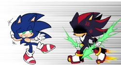 Size: 1007x543 | Tagged: safe, artist:61chami, shadow the hedgehog, sonic the hedgehog, 2024, angry, chaos spear, duo