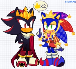 Size: 1127x1031 | Tagged: safe, artist:61chami, shadow the hedgehog, sonic the hedgehog, duo, jester outfit, jester sonic, king shadow