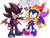 Size: 1276x978 | Tagged: safe, artist:61chami, shadow the hedgehog, sonic the hedgehog, angry, duo, english text, gay, holding something, idol outfit, idol shadow, jester outfit, jester sonic, shadow x sonic, shipping, speech bubble, sword