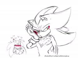 Size: 2046x1529 | Tagged: safe, artist:artjazmin14997, shadow the hedgehog, sonic the hedgehog, sonic the hedgehog 3 (film), bleeding, bleeding from mouth, blood, blushing, duo, fingers together, gay, heart eyes, injured, line art, looking at them, looking offscreen, shadow x sonic, shipping, signature, simple background, sketch, smile, standing, white background