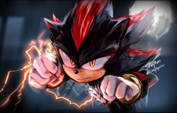 Size: 1721x1092 | Tagged: safe, artist:zeepgalae, shadow the hedgehog, sonic the hedgehog 3 (film), 2024, abstract background, clenched fist, electricity, frown, glowing eyes, looking at viewer, moon, nighttime, outdoors, redraw, signature, solo