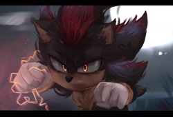 Size: 2048x1396 | Tagged: safe, artist:n1ghtingale____, shadow the hedgehog, sonic the hedgehog 3 (film), 2024, abstract background, border, clenched fist, electricity, frown, glowing eyes, lidded eyes, lineless, looking at viewer, redraw, solo