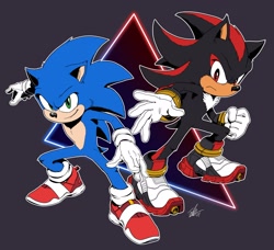 Size: 1920x1751 | Tagged: safe, artist:tyler mcgrath, shadow the hedgehog, sonic the hedgehog, sonic the hedgehog 3 (film), 2024, abstract background, duo, frown, looking at viewer, outline, signature, smile, standing