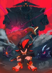 Size: 1462x2048 | Tagged: safe, artist:pk_draws_40, black doom, mephiles the dark, shadow the hedgehog, 2024, abstract background, doom's eye, group, gun, holding something, looking at viewer, poster, signature, standing