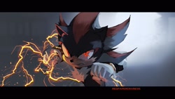 Size: 2048x1152 | Tagged: safe, artist:redpapercraness, shadow the hedgehog, sonic the hedgehog 3 (film), abstract background, border, clenched teeth, electricity, frown, glowing eyes, looking at viewer, moon, nighttime, outdoors, redraw, solo
