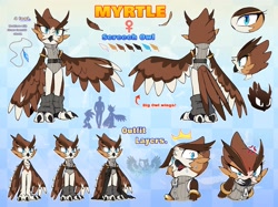 Size: 2048x1534 | Tagged: safe, artist:tytofi, oc, oc:myrtle the bird, bird, owl, 2022, abstract background, character name, character sheet, english text, female, oc only, solo, standing