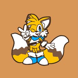 Size: 901x901 | Tagged: safe, artist:zangoonse, miles "tails" prower, alternate outfit, bandana, belt, blue shoes, flat colors, looking at viewer, one fang, redesign, simple background, solo, standing, tan background, v sign, wink