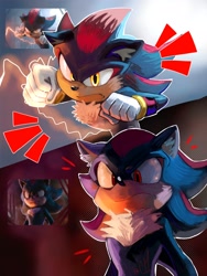 Size: 1536x2048 | Tagged: safe, artist:clearmoonbasement, shadow the hedgehog, sonic the hedgehog 3 (film), 2024, abstract background, ear fluff, electricity, frown, looking at viewer, outline, redraw, reference inset, solo