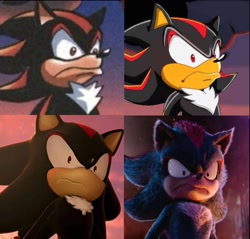 Size: 1404x1345 | Tagged: safe, artist:hunt_dog_arts, shadow the hedgehog, sonic forces, sonic the hedgehog 3 (film), 2024, collage, edit, faic, meme, shadow is not amused, shrunken pupils, solo
