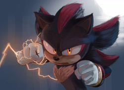 Size: 1831x1329 | Tagged: safe, artist:niku_wee, shadow the hedgehog, sonic the hedgehog 3 (film), 2024, abstract background, clenched fist, clenched fists, electricity, frown, glowing eyes, lineless, looking at viewer, redraw, solo