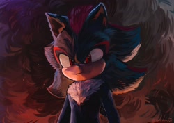 Size: 2048x1448 | Tagged: safe, artist:sashymonti, shadow the hedgehog, sonic the hedgehog 3 (film), 2024, abstract background, frown, lineless, looking offscreen, redraw, solo, standing