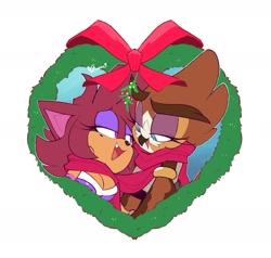 Size: 1855x1769 | Tagged: safe, artist:conniesky3, oc, oc:connie the hedgehog, oc:myrtle the bird, bird, hedgehog, owl, 2023, bow, christmas, connie x myrtle, duo, heart, lesbian, lidded eyes, looking at each other, mistletoe, mouth open, oc x oc, one fang, scarf, sharing a scarf, shipping, simple background, smile, white background