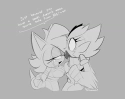 Size: 1597x1262 | Tagged: safe, artist:conniesky3, oc, oc:connie the hedgehog, oc:myrtle the bird, bird, hedgehog, owl, 2022, connie x myrtle, dialogue, duo, english text, flirting, grey background, greyscale, imminent kissing, lesbian, lidded eyes, looking at each other, monochrome, oc x oc, shipping, signature, simple background, standing