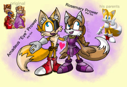 Size: 1280x879 | Tagged: safe, artist:barbie--art, amadeus prower, rosemary prower, fox, 2022, belt, blushing, character name, clothes, dress, duo, ear fluff, english text, eyepatch, heart, looking offscreen, looking up, redesign, reference inset, smile, wrench