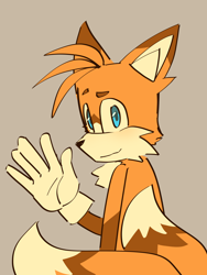 Size: 1536x2048 | Tagged: safe, artist:itz-pandora, miles "tails" prower, flat colors, grey background, looking at viewer, simple background, smile, solo, waving