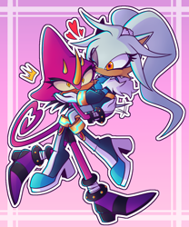 Size: 1000x1200 | Tagged: safe, artist:lm-tomatito, espio the chameleon, silver the hedgehog, blushing, border, carrying them, duo, heart, kiss on head, lesbian, one eye closed, outline, r63 shipping, shipping, signature, silvio, surprise kiss, surprised, wagging tail, walking, yellow sclera