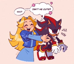 Size: 1980x1716 | Tagged: safe, artist:ari_vsart, maria robotnik, shadow the hedgehog, hedgehog, human, 2024, carrying them, cute, dialogue, duo, english text, eyes closed, frown, grey background, holding them, looking offscreen, mariabetes, simple background, smile, speech bubble, standing