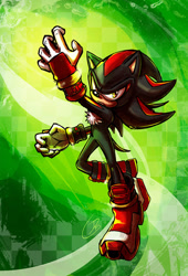 Size: 550x809 | Tagged: safe, artist:darkspeeds, shadow the hedgehog, 2015, abstract background, frown, looking at viewer, posing, signature, solo, sonic boom (tv), standing on one leg